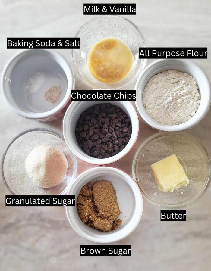 Ingredients for browned butter chocolate chip cookies for two